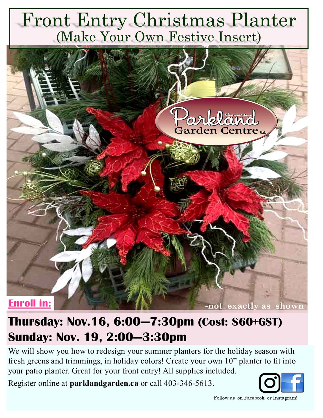 Front Entry Christmas Planter- Make Your Own Festive Insert  Sunday Nov 19th/23 2:00-3:30pm