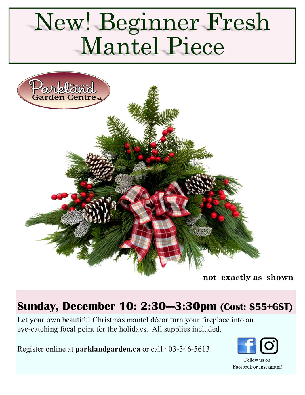 Beginners Fresh Mantel Piece: Sunday, Dec. 10 from 2:30 to 3:30pm