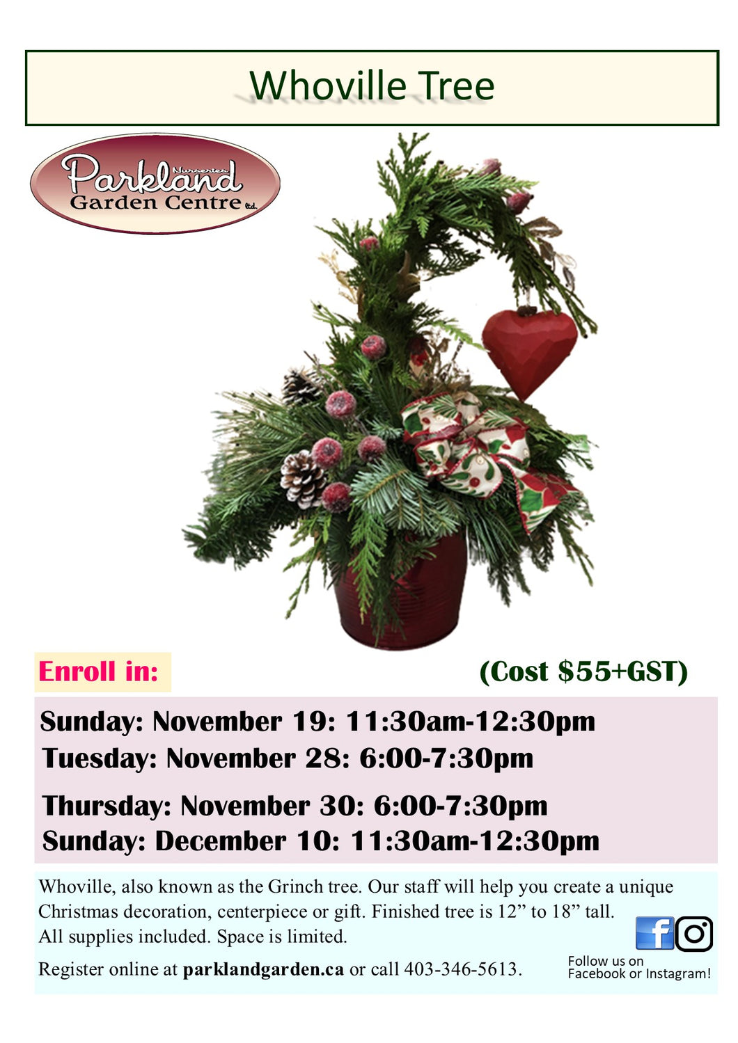 Whoville Tree Workshop: Tuesday, Nov.28 from 6:00 to 7:30pm